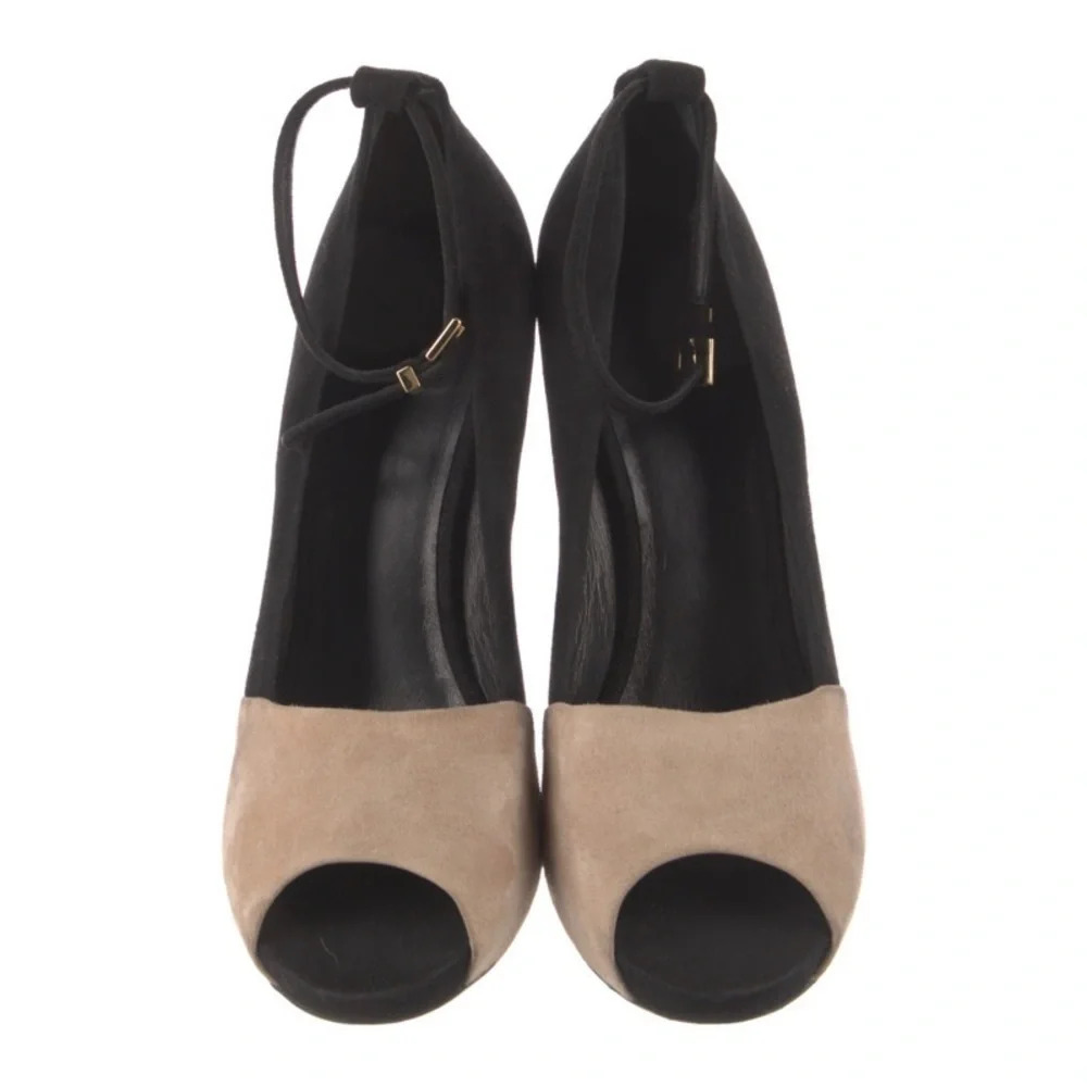 Celine Suede Black Tan Color Block Mary Jane Peep Toe Wedge Pumps Size 39.5